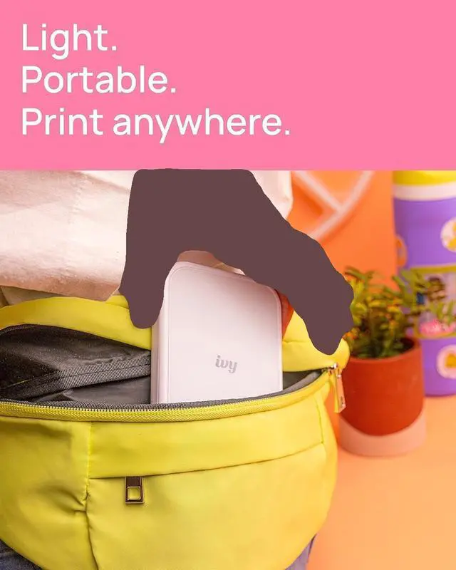 Alt view image 3 of 6 - Ivy 2 Mini Photo Printer (Pure White) - Bluetooth, Print from iOS & Android Devices, Bundle Incl. 110 Zink Sticky-Back Prints, LED Light Bar, Protective Case, and USB Cable