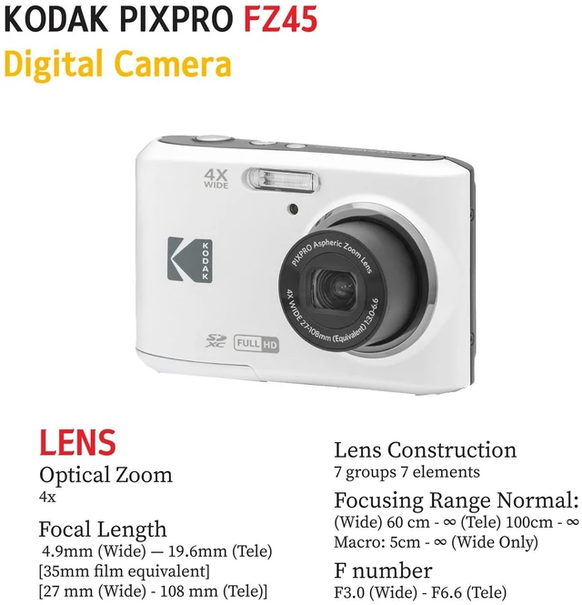 Alt view image 6 of 6 - PIXPRO FZ45 16MP Digital Camera with 4X Optical Zoom 27mm Wide Angle and 2.7" LCD Screen Bundle with 32GB SD Memory Card, AA Batteries (4 Pack), Lens Cleaning Cloth (White)