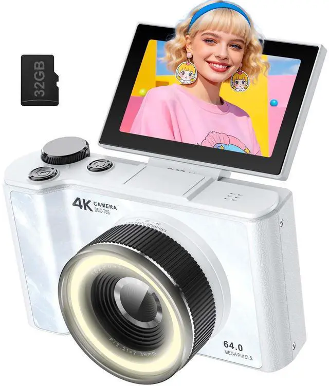 Main image of 4K Digital Camera for Photography,Flip Screen Digital Camera for Kids | 64MP Vlogging Camera for YouTube with SD Card,16X Zoom Autofocus,Point and Shoot digital cameras for Teens Beginner,White