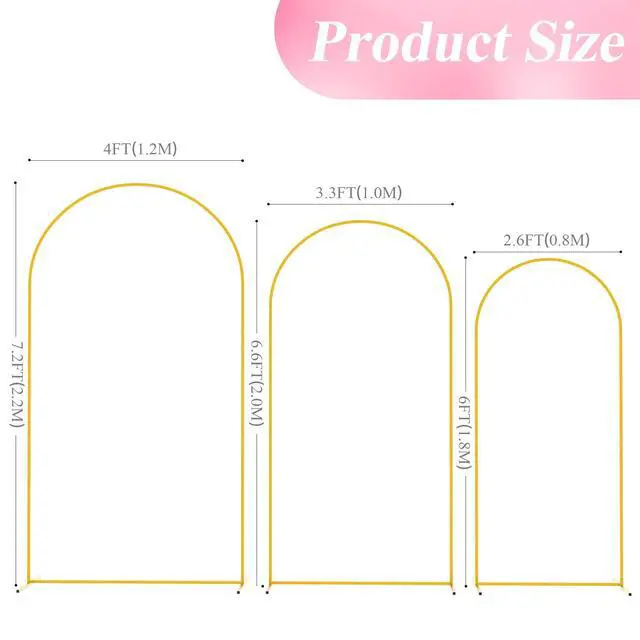 Alt view image 2 of 6 - Wedding Arch Backdrop Stand 7.2FT,6.6FT,6FT Gold Metal Arch Stand | Metal Arch Backdrop Stand Set of 3 Balloon Arch Frame for Wedding Ceremony Birthday Party Bridal Baby Shower Decor