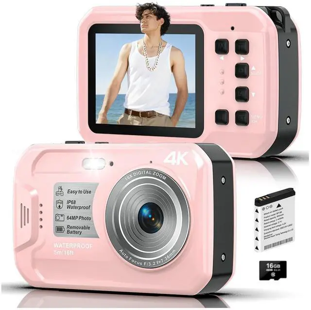 Main image of 4K Underwater Camera, 64MP 16FT Compact Waterproof Camera with 16GB Card | Floatable Digital Camera, 16X Digital Zoom, Auto Focus, Fill Light, 650mAh Battery, Ideal for Travel, Surfing, Swimming