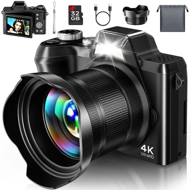 Main image of 4K Digital Camera for Photography Travel, 56MP Autofocus Vlogging Camera for YouTube, 16X Zoom with 3" 180°Flip Screen & Lens Hood, 32GB Card, Gift Ideas for Teens & Beginners