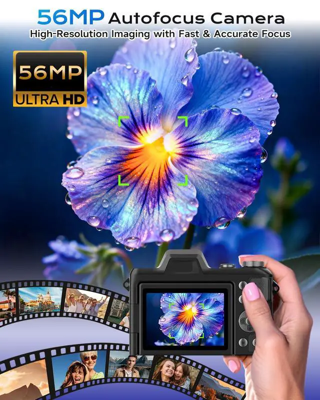 Alt view image 2 of 7 - 4K Digital Camera for Photography Travel, 56MP Autofocus Vlogging Camera for YouTube, 16X Zoom with 3" 180°Flip Screen & Lens Hood, 32GB Card, Gift Ideas for Teens & Beginners