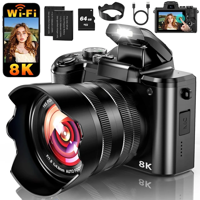 Main image of 8K Digital Camera, 88MP WiFi Cameras for Photography with 3.2" Touchscreen 64GB Card, Autofocus, 16X Zoom, Anti-Shake, Dual Lens Vlogging Camera for YouTube, 2 Batteries & Flash