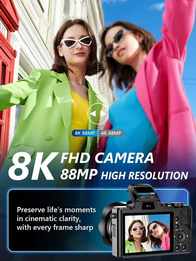 Alt view image 2 of 7 - 8K Digital Camera, 88MP WiFi Cameras for Photography with 3.2" Touchscreen 64GB Card, Autofocus, 16X Zoom, Anti-Shake, Dual Lens Vlogging Camera for YouTube, 2 Batteries & Flash