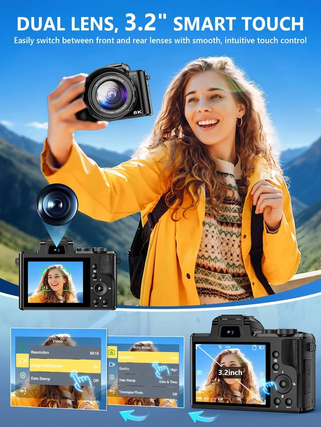 Alt view image 4 of 7 - 8K Digital Camera, 88MP WiFi Cameras for Photography with 3.2" Touchscreen 64GB Card, Autofocus, 16X Zoom, Anti-Shake, Dual Lens Vlogging Camera for YouTube, 2 Batteries & Flash