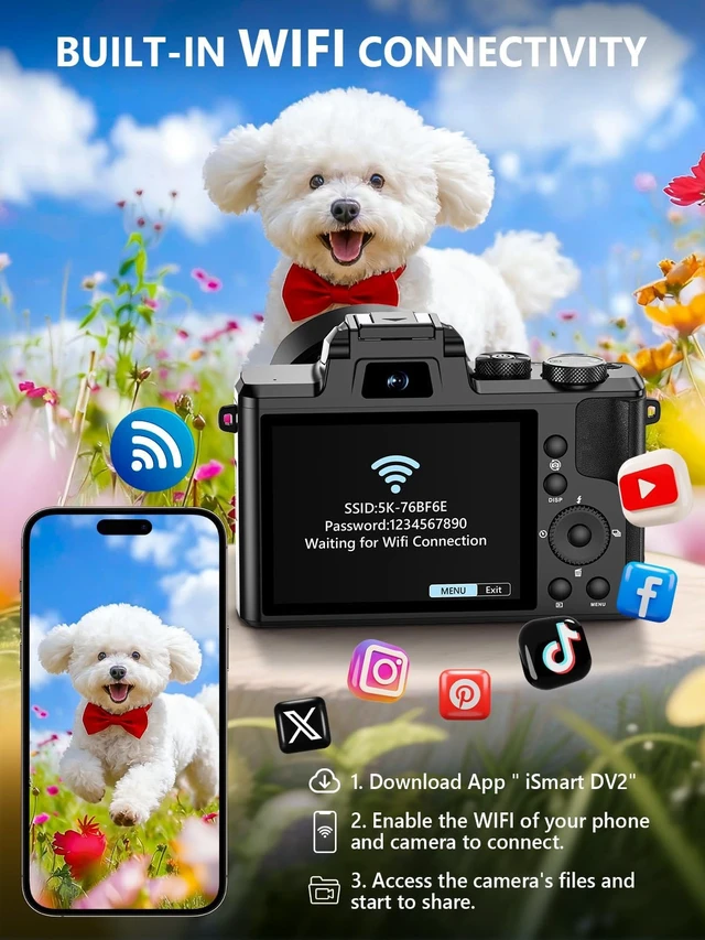 Alt view image 5 of 7 - 8K Digital Camera, 88MP WiFi Cameras for Photography with 3.2" Touchscreen 64GB Card, Autofocus, 16X Zoom, Anti-Shake, Dual Lens Vlogging Camera for YouTube, 2 Batteries & Flash
