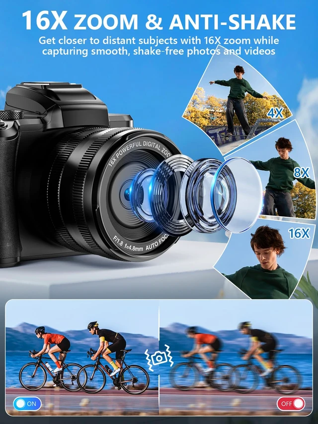 Alt view image 6 of 7 - 8K Digital Camera, 88MP WiFi Cameras for Photography with 3.2" Touchscreen 64GB Card, Autofocus, 16X Zoom, Anti-Shake, Dual Lens Vlogging Camera for YouTube, 2 Batteries & Flash