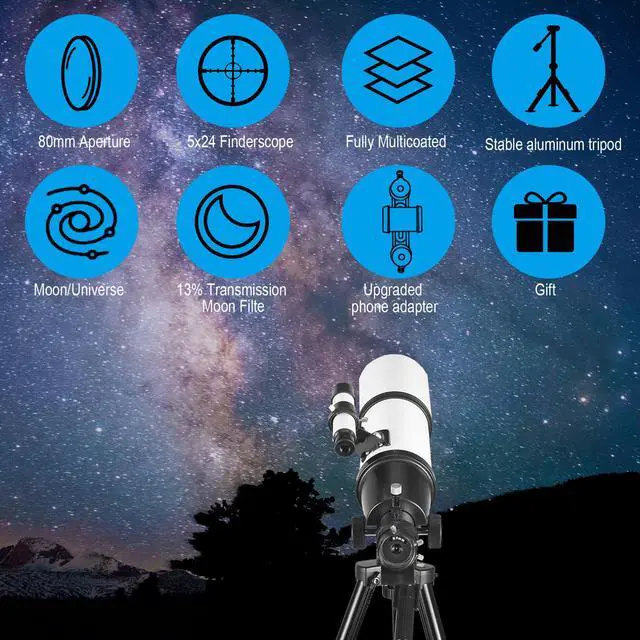 Alt view image 6 of 7 - Telescope for Adults High Powered, 80mm Aperture 600mm AZ Mount Refractor Telescope for Kids Beginners - Portable Telescopes for Adults Astronomy with Backpack, Phone Adapter, Moon Filter