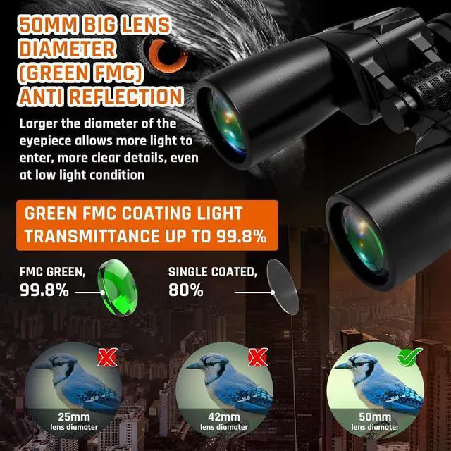 Alt view image 5 of 7 - 10-30x50 Zoom Binoculars for Adults High Powered | HD Optics,Waterproof, Fogproof,Military,Bird Watching,Traveling Concerts,Large View,BAK4,FMC Lens,Clear Low Light Vision