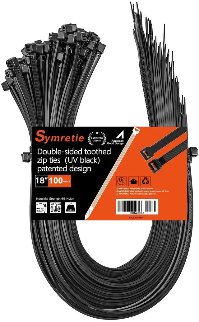 Main image of 18" -double-sided tooth zip ties black. : 120lbs tensile strength. Heavy-duty, self-locking, adjustable, durable nylon ties for indoor/outdoor use. (100Pack black)