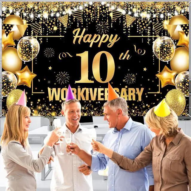 Alt view image 7 of 7 - 10 Year Work Anniversary Decorations Happy 10th Workiversary Banner Black Gold Happy 10th Workiversary Backdrop Employee Appreciation 10 Year Work Anniversary Decor for Employee Boss