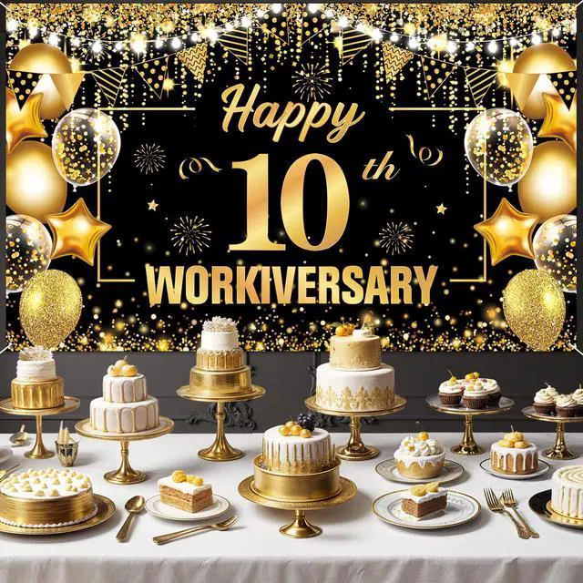 Alt view image 2 of 7 - 10 Year Work Anniversary Decorations Happy 10th Workiversary Banner Black Gold Happy 10th Workiversary Backdrop Employee Appreciation 10 Year Work Anniversary Decor for Employee Boss