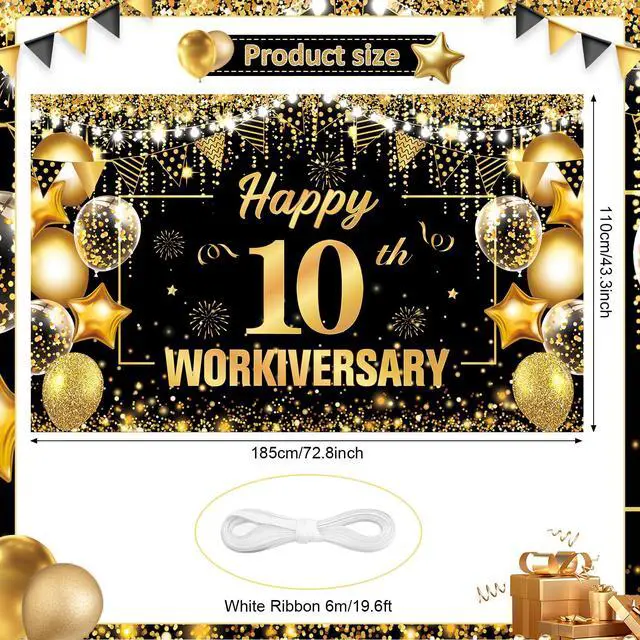 Alt view image 3 of 7 - 10 Year Work Anniversary Decorations Happy 10th Workiversary Banner Black Gold Happy 10th Workiversary Backdrop Employee Appreciation 10 Year Work Anniversary Decor for Employee Boss