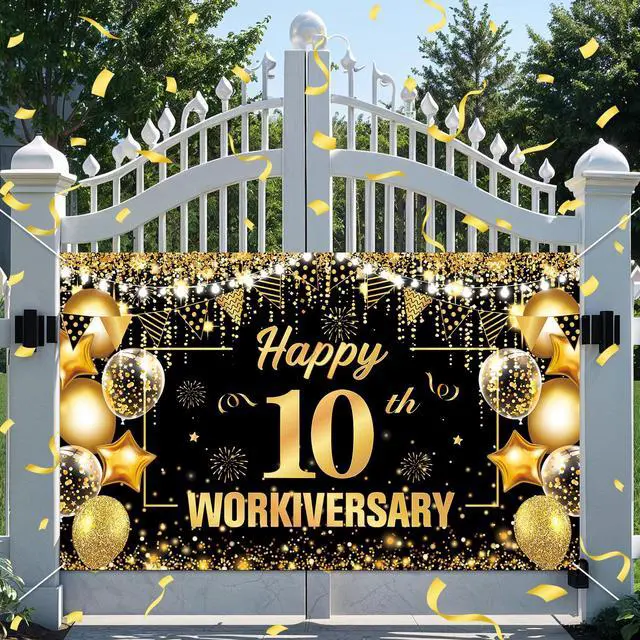 Alt view image 5 of 7 - 10 Year Work Anniversary Decorations Happy 10th Workiversary Banner Black Gold Happy 10th Workiversary Backdrop Employee Appreciation 10 Year Work Anniversary Decor for Employee Boss