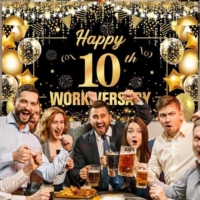 Alt view image 6 of 7 - 10 Year Work Anniversary Decorations Happy 10th Workiversary Banner Black Gold Happy 10th Workiversary Backdrop Employee Appreciation 10 Year Work Anniversary Decor for Employee Boss