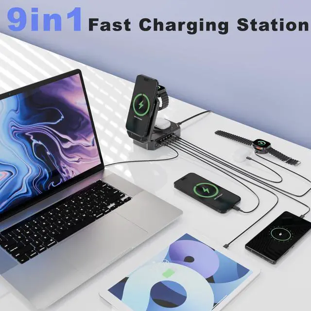 Alt view image 3 of 6 - 9-in-1 Magnetic Charging Station Foldable - 250W Hub with 100W USB-C for Laptops, 3-in-1 Wireless Dock for Phones/Watches/Earbuds