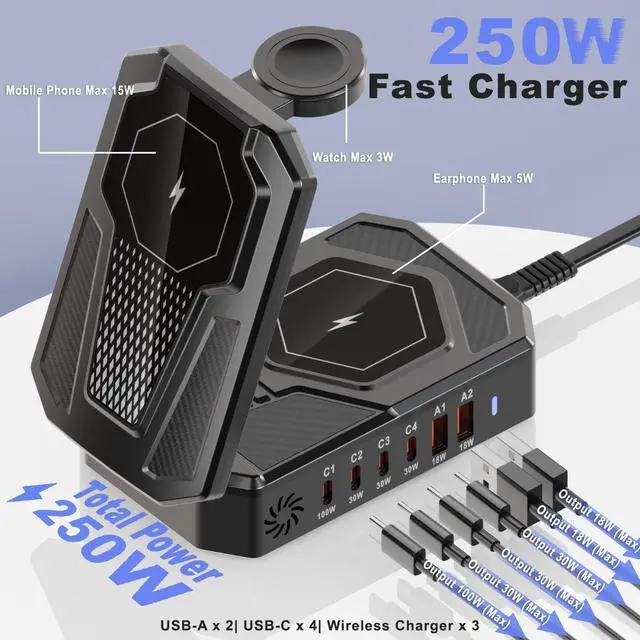 Alt view image 4 of 6 - 9-in-1 Magnetic Charging Station Foldable - 250W Hub with 100W USB-C for Laptops, 3-in-1 Wireless Dock for Phones/Watches/Earbuds