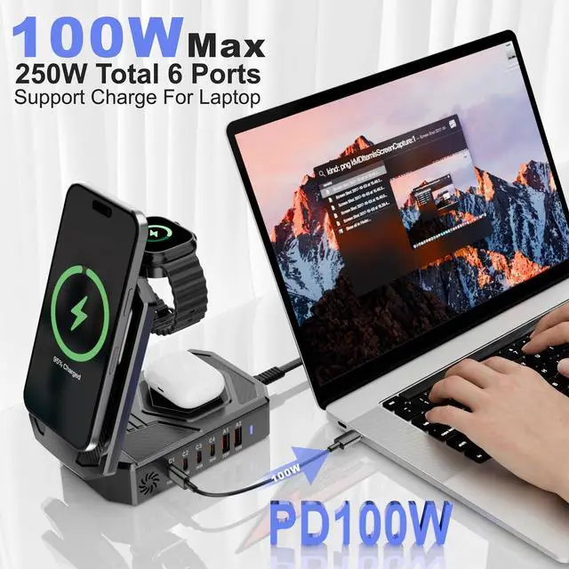 Alt view image 2 of 6 - 9-in-1 Magnetic Charging Station Foldable - 250W Hub with 100W USB-C for Laptops, 3-in-1 Wireless Dock for Phones/Watches/Earbuds
