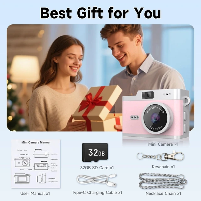 Alt view image 7 of 7 - Mini Keychain Digital Camera, Y2K Retro Pocket Camera, 1080P HD Small Video Recorder with 32GB SD Card for Travel, Vlogs & Daily Recording, Pink