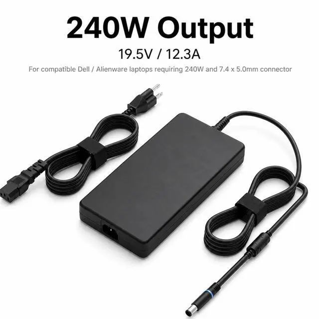 Alt view image 2 of 7 - 240W Laptop Charger for Dell Alienware, 7.4mm Round Tip, 19.5V 12.3A
