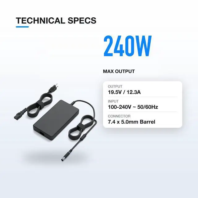 Alt view image 3 of 7 - 240W Laptop Charger for Dell Alienware, 7.4mm Round Tip, 19.5V 12.3A