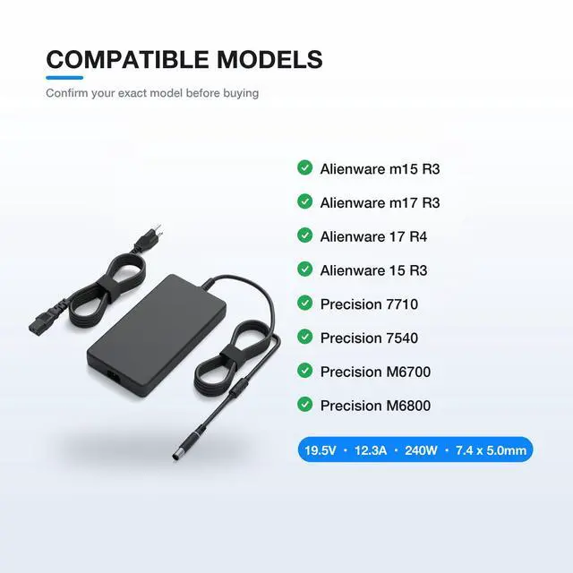 Alt view image 4 of 7 - 240W Laptop Charger for Dell Alienware, 7.4mm Round Tip, 19.5V 12.3A