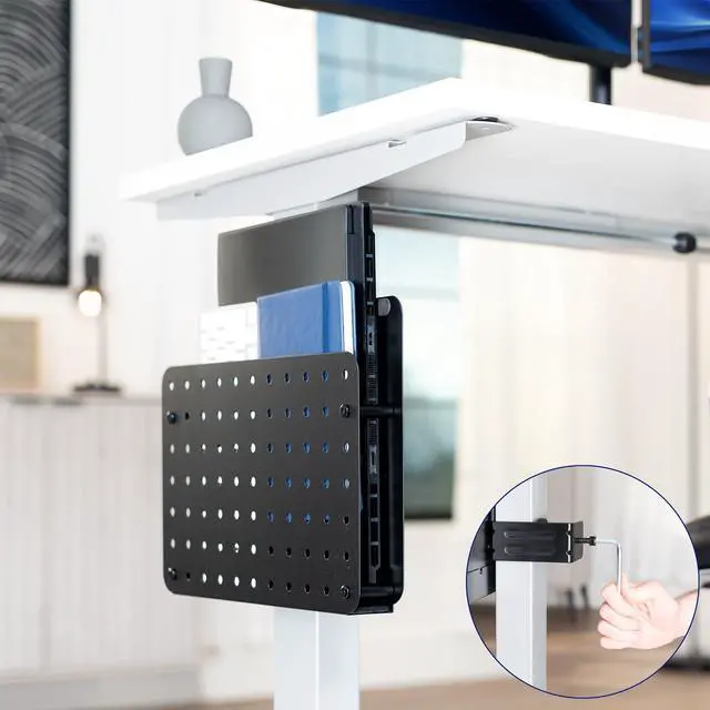 Alt view image 2 of 7 - Steel Clamp-on Desk Leg Laptop Mount Holder, 14 x 11 inch Magnetic Peg Board, Desk Accessory Organizer, Black, Mount-LHS1
