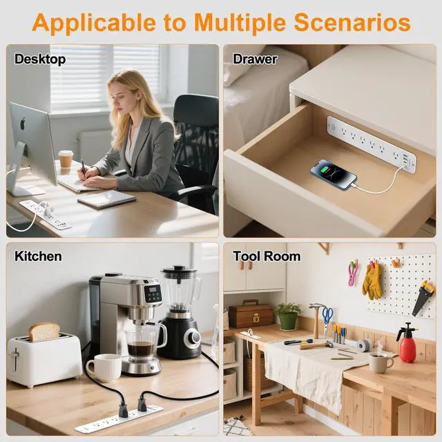 Alt view image 7 of 7 - Recessed Power Strip 1800J Surge Protector USB C, 6 AC Outlets with 4 USB Flush Mount Outlet Extender Flat Multi Plug Desk Furniture Charging Station Splitter with Switch for Home Office,White