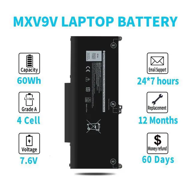 Alt view image 5 of 5 - 60Wh Type MXV9V 7.6V Laptop Battery for Dell Inspiron 7300 7306 2-in-1 Black Series, Latitude 7400 7300 E5300 E5310 5300 5310 2-in-1 P96G P97G P99G P100G P100G001 5VC2M 829MX 05VC2M 4-Cell