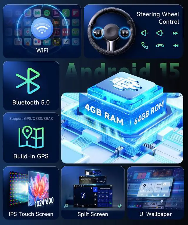 Alt view image 4 of 7 - 4G+64G Car Radio for Volkswagen VW Jetta Golf Passat Seat Skoda Stereo | Android 15 Wireless CarPlay/Android Auto 7 inch IPS Touchscreen Type-C Bluetooth GPS 5G WiFi DSP FM/RDS SWC AHD Backup Camera