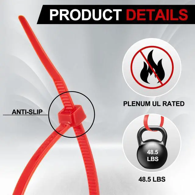 Alt view image 3 of 6 - 1000 Pack 8" Red Plenum UL Rated Cable Ties Bulk Wire Zip Ties with 50 lb Tensile Strength for Premium for HVAC & Commercial Air-Handling Use Industry Aviation Data Center