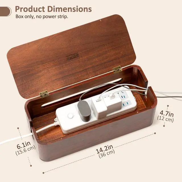 Alt view image 3 of 7 - Large Acacia Wood Cable Management Box - Cord Hider&Organizer for TV Wires | Power Strip, Electrical Hiding, Desk & Floor Cables - Solution Wire Storage Solution for Office, Living Room, Bedroom