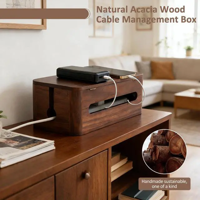 Alt view image 4 of 7 - Large Acacia Wood Cable Management Box - Cord Hider&Organizer for TV Wires | Power Strip, Electrical Hiding, Desk & Floor Cables - Solution Wire Storage Solution for Office, Living Room, Bedroom