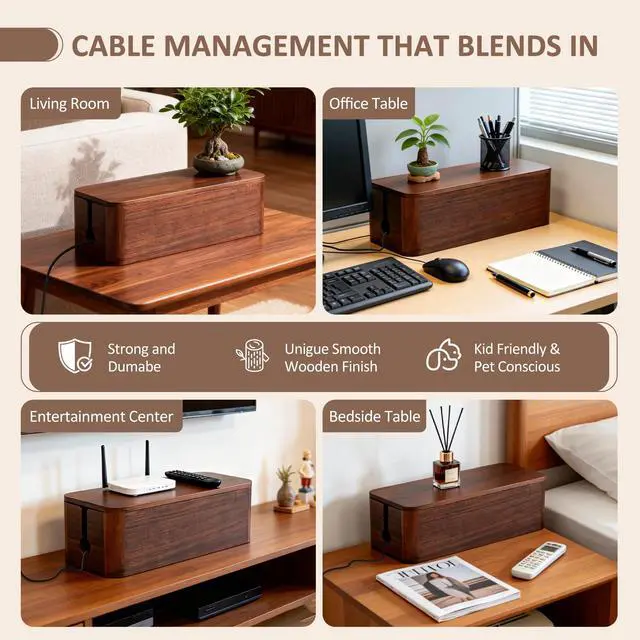 Alt view image 5 of 7 - Large Acacia Wood Cable Management Box - Cord Hider&Organizer for TV Wires | Power Strip, Electrical Hiding, Desk & Floor Cables - Solution Wire Storage Solution for Office, Living Room, Bedroom