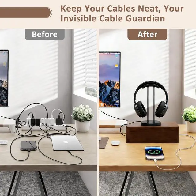 Alt view image 6 of 7 - Large Acacia Wood Cable Management Box - Cord Hider&Organizer for TV Wires | Power Strip, Electrical Hiding, Desk & Floor Cables - Solution Wire Storage Solution for Office, Living Room, Bedroom