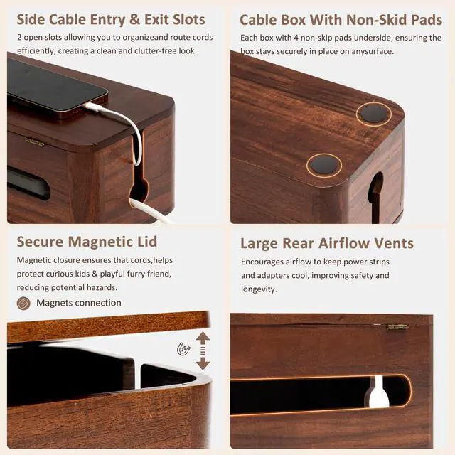 Alt view image 7 of 7 - Large Acacia Wood Cable Management Box - Cord Hider&Organizer for TV Wires | Power Strip, Electrical Hiding, Desk & Floor Cables - Solution Wire Storage Solution for Office, Living Room, Bedroom