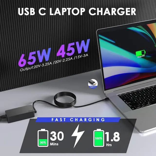 Alt view image 2 of 7 - 65W USB C Laptop Charger Replacement for Lenovo Yoga | Compatible with Lenovo Yoga 6 7 9 7i 9i 730 S730 S940 C630 C740 C930 C940,USB Type C Laptop Charger
