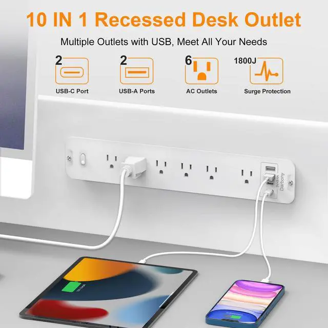 Alt view image 2 of 7 - Recessed Power Strip 1800J Surge Protector USB C, 6 AC Outlets with 4 USB Flush Mount Outlet Extender Flat Multi Plug Desk Furniture Charging Station Splitter with Switch for Home Office,White