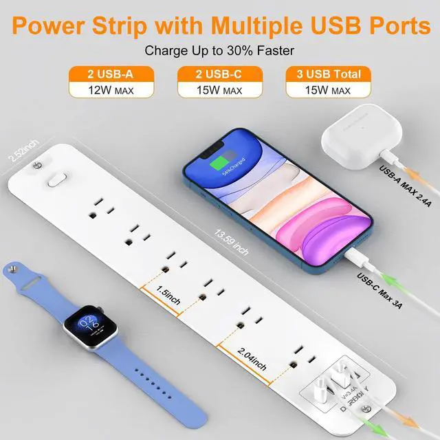 Alt view image 4 of 7 - Recessed Power Strip 1800J Surge Protector USB C, 6 AC Outlets with 4 USB Flush Mount Outlet Extender Flat Multi Plug Desk Furniture Charging Station Splitter with Switch for Home Office,White