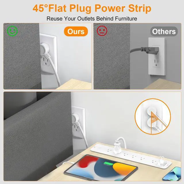 Alt view image 5 of 7 - Recessed Power Strip 1800J Surge Protector USB C, 6 AC Outlets with 4 USB Flush Mount Outlet Extender Flat Multi Plug Desk Furniture Charging Station Splitter with Switch for Home Office,White