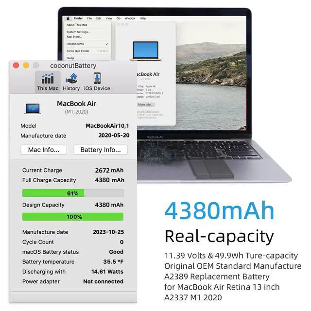 Alt view image 2 of 7 - A2337 Battery Replacement, A2389 Battery for MacBook Air 13 inch 2020 M1 Model A2337 EMC 3589 Identifier MacBookAir10,1 Capacity 11.39V 49.9Wh 4380mAh
