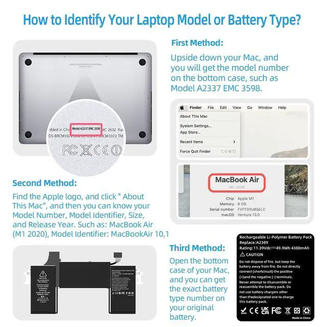 Alt view image 5 of 7 - A2337 Battery Replacement, A2389 Battery for MacBook Air 13 inch 2020 M1 Model A2337 EMC 3589 Identifier MacBookAir10,1 Capacity 11.39V 49.9Wh 4380mAh
