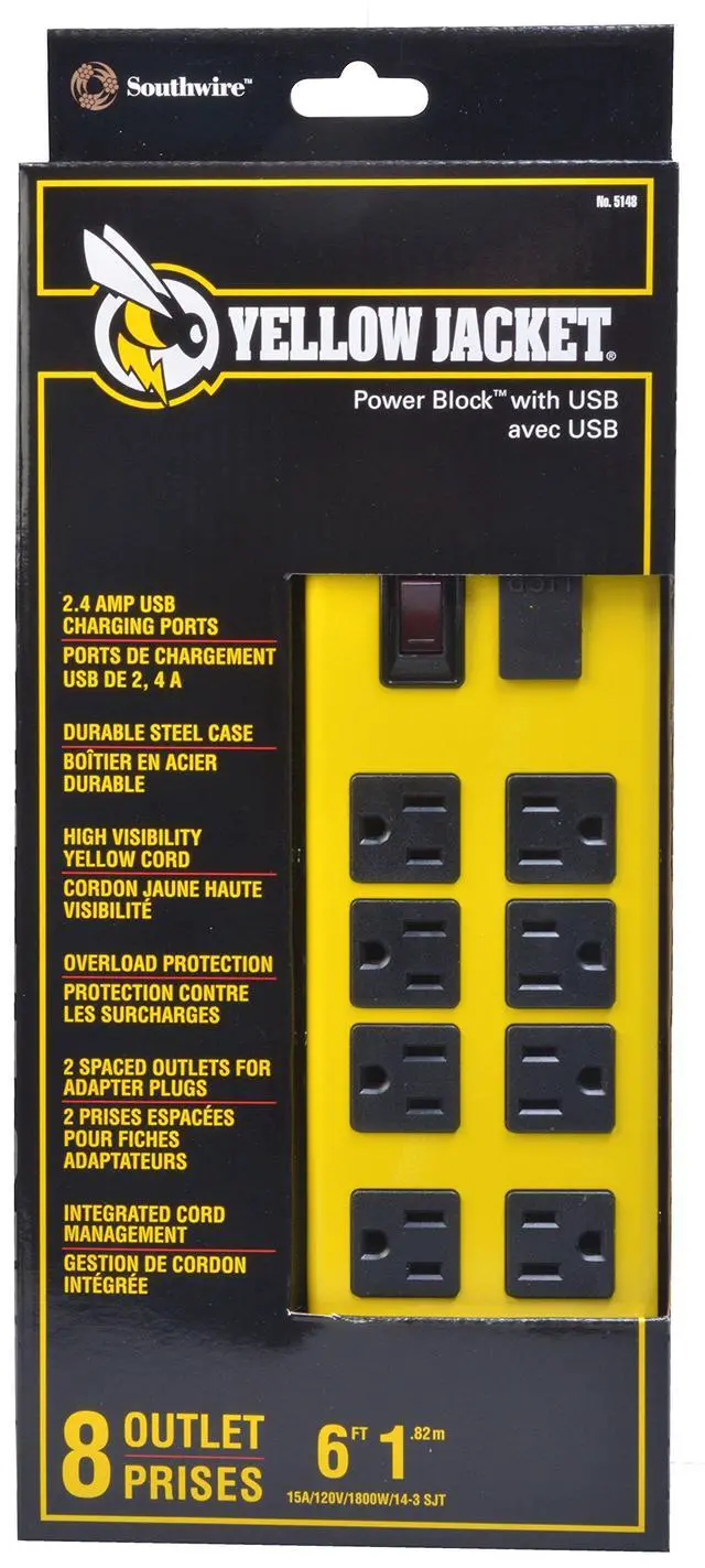 Alt view image 2 of 7 - Southwire Power Block - 8 Outlet Heavy Duty Metal Power Strip - Dual USB Ports for Fast Charging - Rugged Workshop Design - 6 Ft Yellow Cord - Durable 14-Gauge Construction