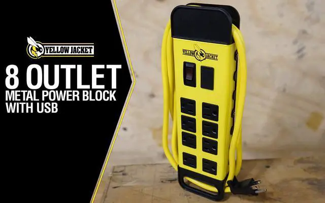Alt view image 3 of 7 - Southwire Power Block - 8 Outlet Heavy Duty Metal Power Strip - Dual USB Ports for Fast Charging - Rugged Workshop Design - 6 Ft Yellow Cord - Durable 14-Gauge Construction