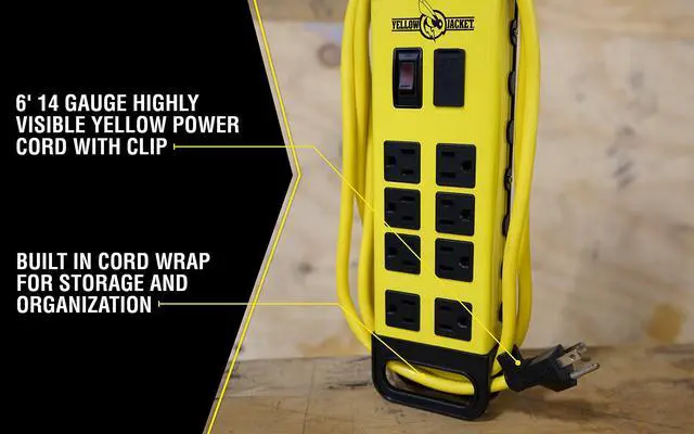 Alt view image 5 of 7 - Southwire Power Block - 8 Outlet Heavy Duty Metal Power Strip - Dual USB Ports for Fast Charging - Rugged Workshop Design - 6 Ft Yellow Cord - Durable 14-Gauge Construction