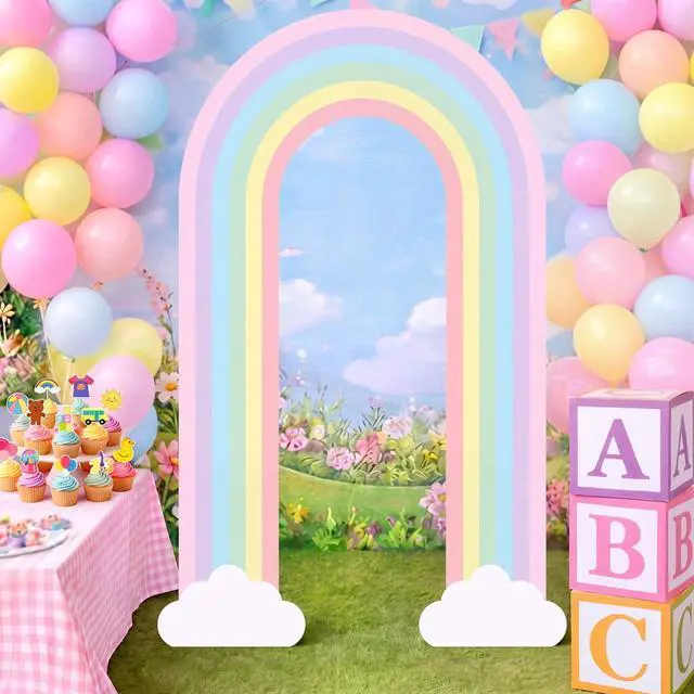 Main image of Pastel 6ft Rainbow Arch Backdrop Stand Music Teacher Themed Party Decor Birthday Party Cutouts with Stakes Back to School Decorations for Prek Classroom Baby Shower Supplies