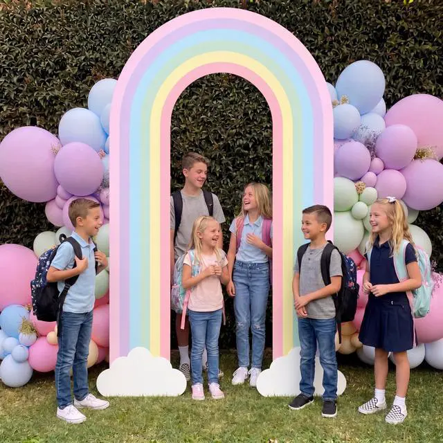 Alt view image 6 of 7 - Pastel 6ft Rainbow Arch Backdrop Stand Music Teacher Themed Party Decor Birthday Party Cutouts with Stakes Back to School Decorations for Prek Classroom Baby Shower Supplies
