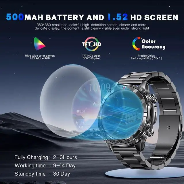 Alt view image 2 of 7 - Mens Smart Watch with Bluetooth & Flashlight 7 Day Battery Life | 1.52" Smart Watch of Men - IP68 Waterproof Sport Watches with 100+ Sport Modes Sleep Monitor Compatible Android iOS(2 Straps)