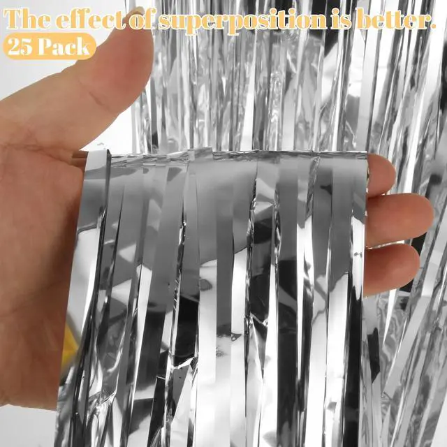 Alt view image 4 of 7 - 25 Pack Silver Foil Curtain Backdrop, 3.3x8.2FT Tinsel Curtain, Fringe Curtains Party Decorations, Curtains Photo Backdrops Streamer Party Supplies for Birthday Christmas Party Decorations